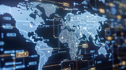 A close-up perspective reveals a digital world map interface adorned with illuminated lines and nodes, symbolizing global network connections and international communication. - obrazy, fototapety, plakaty