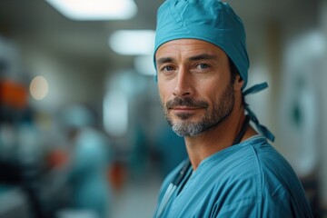 A male surgeon looks directly into the camera in the clinic corridor, exuding confidence and professionalism, a beacon of assurance amid the hospital's hustle and bustle.