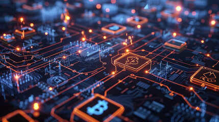 Representing cryptocurrency and advanced financial technology, a detailed image displays the Bitcoin symbol illuminated on a complex digital circuit board.
