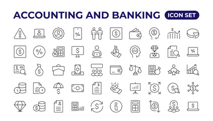 Fototapeta na wymiar Set of line icons related to accounting, audit, and taxes. Outline icon collection. Businesssymbols.Income set. Containing money, tax, earnings, payment,paycheck, work, pension, and wages icons.