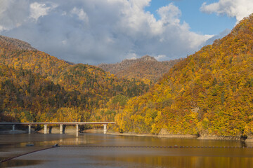 日本　北海道札幌市南区定山渓の定山渓ダムによって出現した人造湖、さっぽろ湖と紅葉
