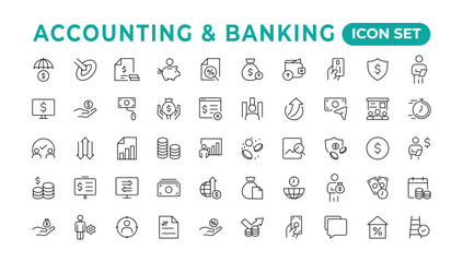 Set of line icons related to accounting, audit, and taxes. Outline icon collection. Businesssymbols.Income set. Containing money, tax, earnings, payment,paycheck, work, pension, and wages icons.