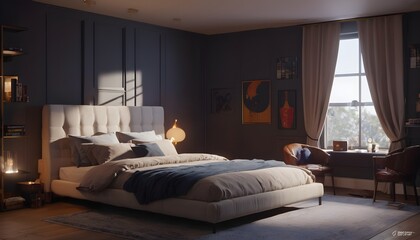Fototapeta na wymiar Contemporary posh lux interior design modern bedroom with window 