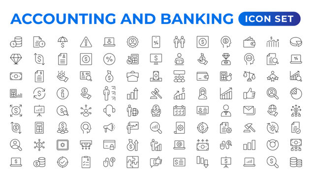 Set of line icons related to accounting, audit, and taxes. Outline icon collection. Businesssymbols.Income set. Containing money, tax, earnings, payment,paycheck, work, pension, and wages icons.