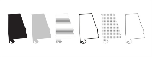 Alabama State Map Black. Alabama map silhouette isolated on transparent background. Vector Illustration. Variants.