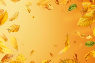 Mid Yellow Seasonal Wallpaper with Falling Autumn Leaves. Natural Banner with copy-space.
