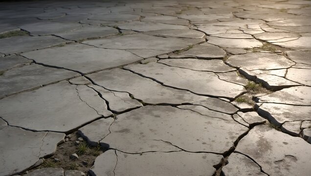Worn-out concrete surface with cracks and patches, showcasing the passage of time and elements, HD, 4K, highly detailed. generative AI