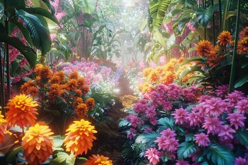 Paradise garden full of flowers, beautiful idyllic Paradise garden full of flowers, beautiful idyllic background with many flowers in Eden, 3d illustration with vivid colors.