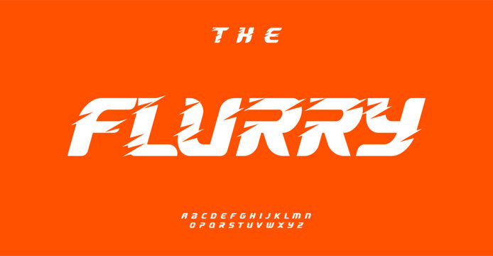 Dynamic font style on vibrant orange, energizing feel. Alphabet letters in motion, bold typography for modern designs. High visibility for branding, headlines. Vector illustration