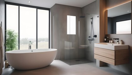 Fototapeta na wymiar Contemporary cozy interior design modern bathroom with window and sunlight
