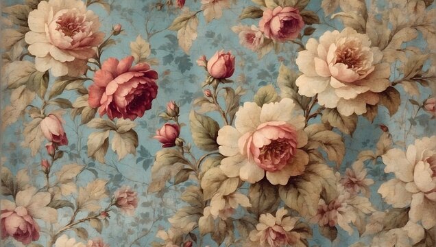 Tattered vintage wallpaper with faded floral patterns, tears, and stains, capturing the nostalgic charm of bygone eras, HD, 4K, highly detailed. generative AI