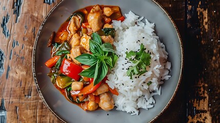 Thai red curry with chicken, bamboo shoots, bell peppers, and Thai basil, served with jasmine rice
