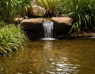 Small waterfall flowing between two rocks into a calm pond. Importance of water. 