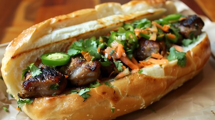 Vietnamese banh mi sandwich filled with lemongrass-marinated grilled pork, pickled vegetables, cilantro, and jalape?+/-os - obrazy, fototapety, plakaty
