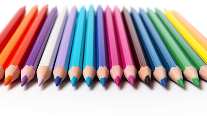 Isolated on a white background, colored pencils are placed on a school notebook.