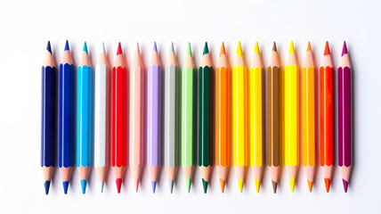 Isolated on a white background, colored pencils are placed on a school notebook.