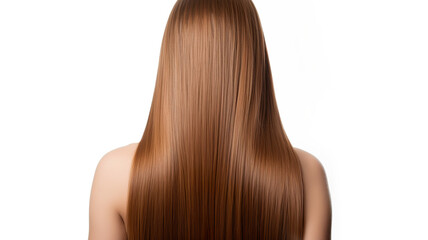 A woman combing her long, straight, healthy hair against a stark white background