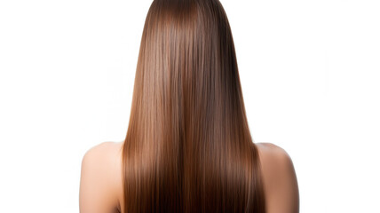 A woman combing her long, straight, healthy hair against a stark white background
