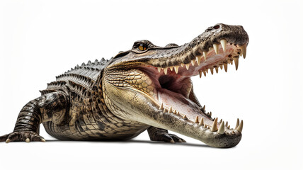 On an entirely white background, a crocodile is opening its mouth.