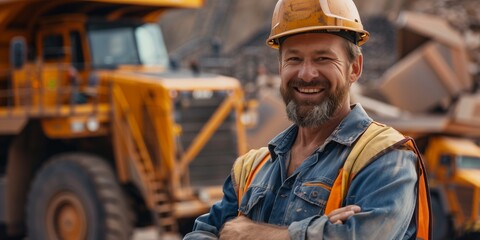 Smiling Miner with Heavy-Duty Machinery Backdrop