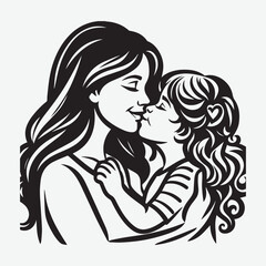 Mother with Her Baby Vector Silhouette Illustration, baby kissing mom, mom kissing baby holding in her arm 