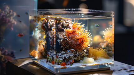 Square glass aquarium and lion fish life.