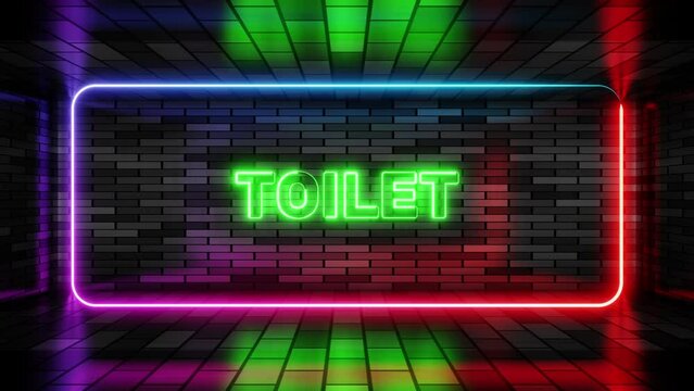 Neon sign toilet in speech bubble frame on brick wall background 3d render. Light banner on the wall background. Toilet loop wc for boys and girls, design template, night neon signboard