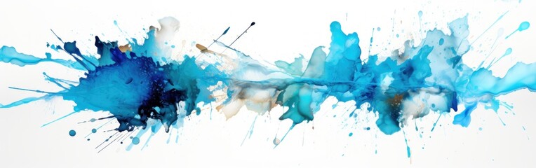 Obraz premium A close-up showcasing blue ink splattered across a clean white background, creating abstract patterns and textures. Banner.
