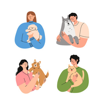 Pet owners set. People are holding cute dogs in their hands. Flat vector illustration.