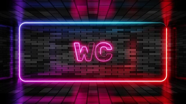 Neon sign wc in speech bubble frame on brick wall background 3d render. Light banner on the wall background. Wc loop toilet for men and women, design template, night neon signboard
