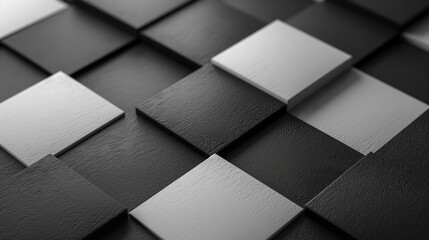 Abstract black and white background. Simple and stylish. Contrast and texture. Square shapes. 3d perspective. Design concept. Classic and elegant.