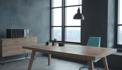 Modern office with empty desk and window. Loft interior. Cold tone. 