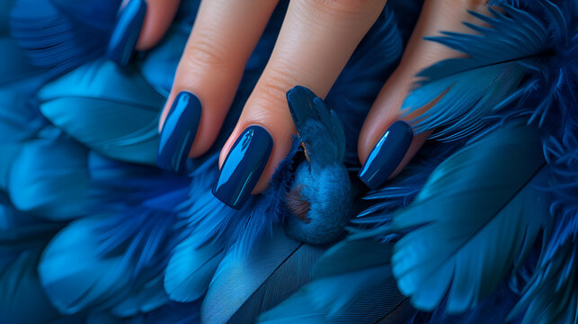Glamour woman hand with luxury navy color nail polish manicure on fingers, touching blue feathers, close up for cosmetic advertising, feminine product, romantic atmosphere use. generative ai