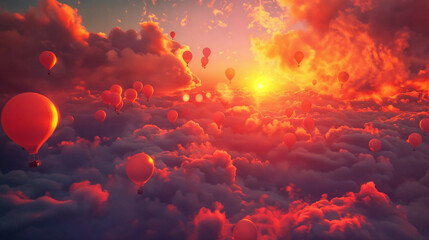 Bright Collection of Red, Orange, and Yellow Balloons Floating in Sky at Sunrise or Sunset, Hand Holding Balloons, Warm Colors, Gentle Clouds, Atmospheric Image of Celebration and Lightness