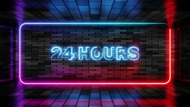 Neon sign 24 hours open in speech bubble frame on brick wall background 3d render. Light banner on the wall background. Overnight loop open all day convenience, design template, night neon signboard
