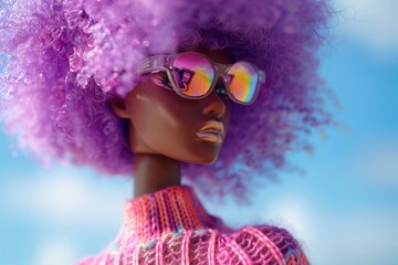black fashion doll with pastel purple afro hair, holographic sun glasses, pink clothes