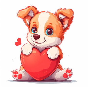 Cute lover Puppy holding a red heart isolated on a white background. AI generated.