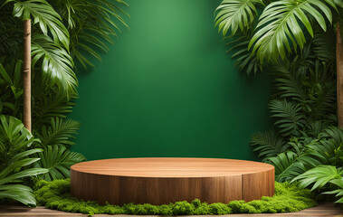 Wooden podium on green background with tropical plants. Natural background.