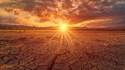 Sunset or Sunrise Over a Parched, Cracked Landscape Indicating Drought, Intricate Earth Pattern, Sparse Vegetation Visible, Semi-Arid Region Or Dry Season Scene, Sun Ray Enhanced Texture, Warm Colors 