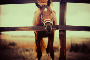 A portrait of a beautiful bay horse grazing on a farm in a paddock. The horse is surrounded by farm...