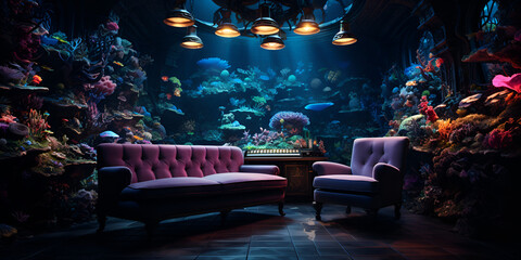 Modern living room with a stylish couch and a captivating wall mural with fish and colorful corals