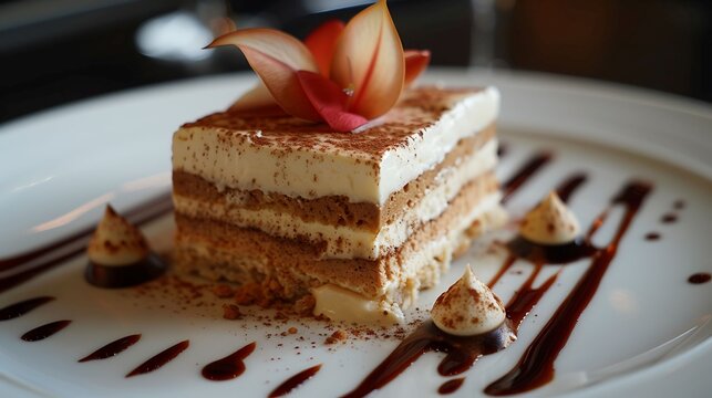 A rich and decadent tiramisu dessert with layers of coffee-soaked ladyfingers and mascarpone cream