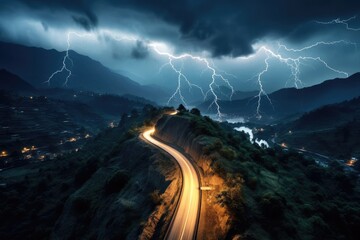 Winding curvy rural road with light trail from headlights leading through the British countryside, curving  road, most spectacular road in the world, Aerial view of a road winding through green tree