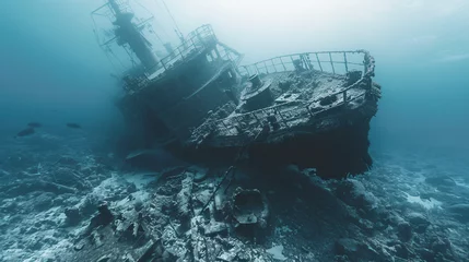 Rolgordijnen Sunken ship landscape on the seabed underwater. © Salman