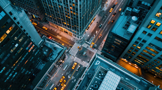 Aerial view of bustling city intersection with cars and crosswalk