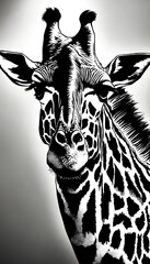 A black and white picture of a giraffe