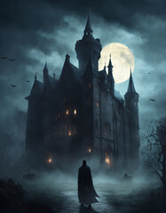 A man standing in front of a castle at night, gothic castle, gothic mansion