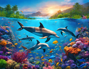 A group of dolphins swimming in the ocean, colorful coral reef