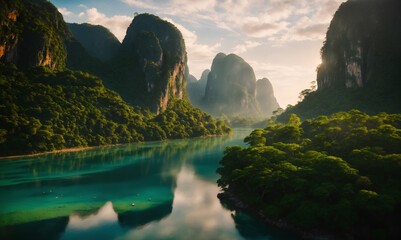 A large body of water surrounded by mountains, rainforest mountains, beautiful jungle landscape