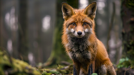 Naklejka na ściany i meble A red fox in the forest, looking at the camera with keen eyes